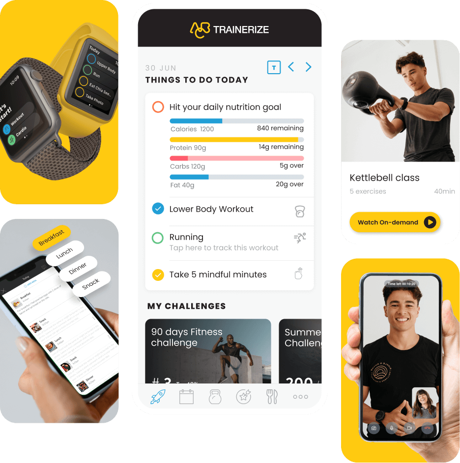 Mobile coaching app screens showing workouts and progress